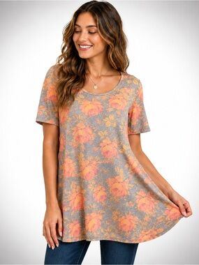 Lularoe Floral Swing Tunic Top XXS Gray Pink Orange bump friendly
